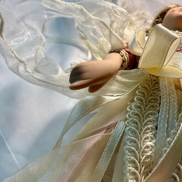 VTG Porcelain Angel Christmas Ornament Cream Pink Pearl Lace Feathers Ribbon 12” - Picture 6 of 16